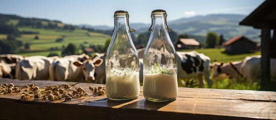 bottle with Milk on old wooden table with cows in the background, cow farm