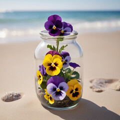 A Captivating Pansy Jar Amidst Beach Serenity AI GENERATED