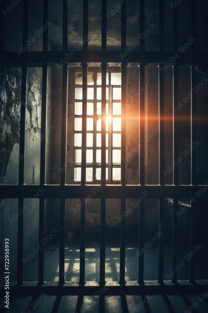Aufkleber a jail cell with sunlight streaming through the window. suitable for depicting the contrast between 