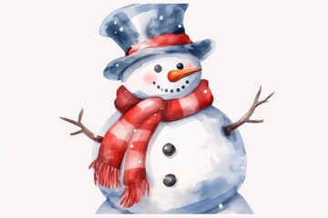 A watercolor painting of a snowman wearing a hat and scarf. Perfect for winter-themed designs and holiday decorations