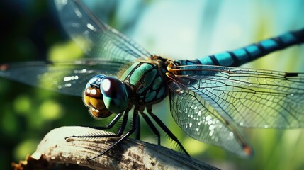 A close up image of a dragonfly perched on a branch. This picture can be used to depict nature, insects, or wildlife