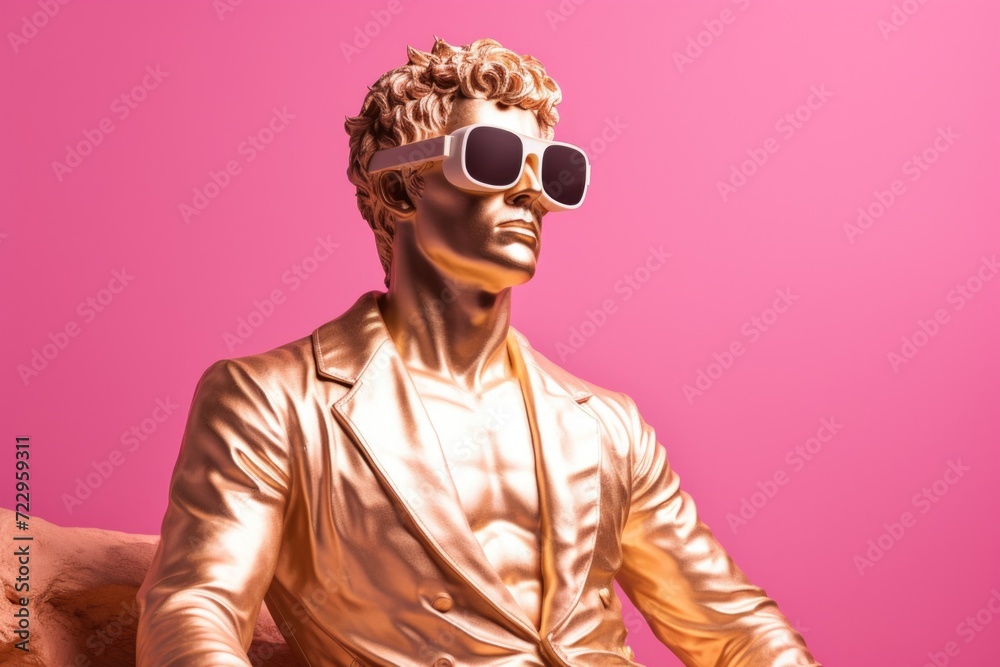 Poster a gold statue of a man wearing sunglasses. perfect for adding a touch of elegance and style to any s
