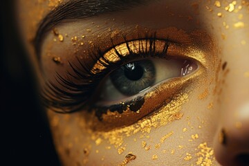 Close-up shot of a person's eye with gold paint on it. Can be used for artistic and creative...
