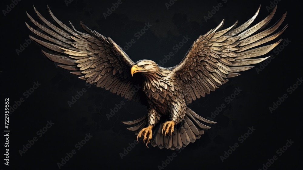 Poster a powerful image of a majestic eagle in flight against a black background. suitable for various crea