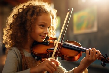 A young girl is seen playing a violin in a room. This image can be used to depict the joy of music or showcase a young musician's talent