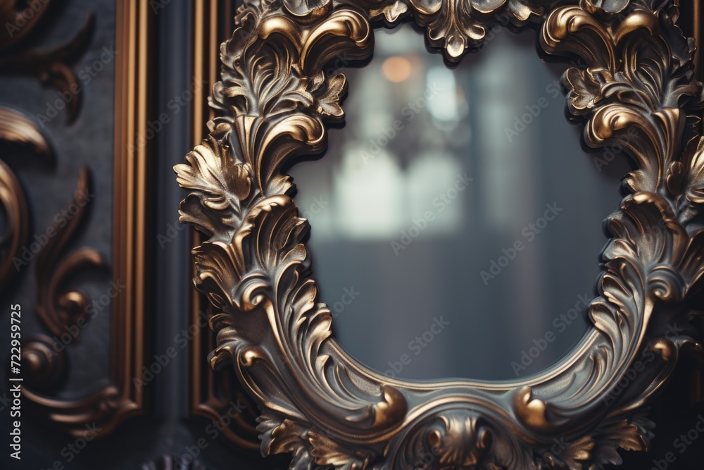 Poster A mirror with a gold frame and a chandelier in the background. Perfect for adding an elegant touch to any room