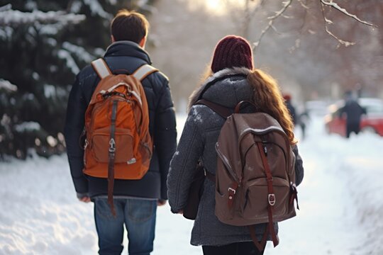 A picture of a man and a woman walking together in the snow. This image can be used to depict a romantic winter stroll or a couple enjoying a snowy day.