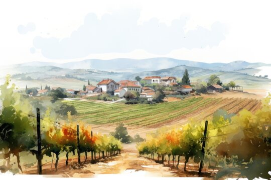 A beautiful watercolor painting depicting a vineyard with a charming village in the background. Perfect for showcasing the idyllic countryside and the serene beauty of nature.