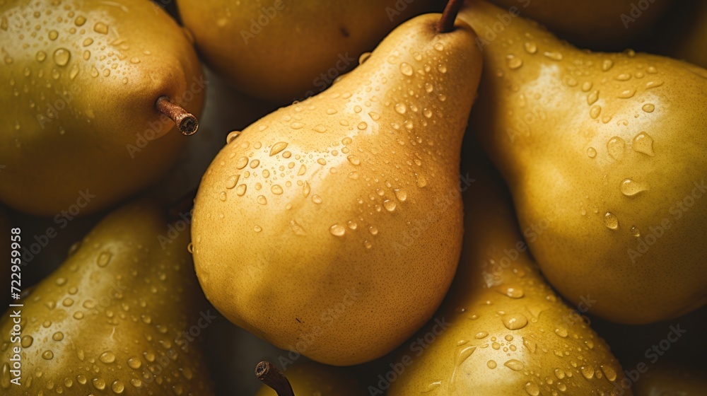 Poster a close-up image of a bunch of pears with water droplets on them. perfect for food and nutrition-rel