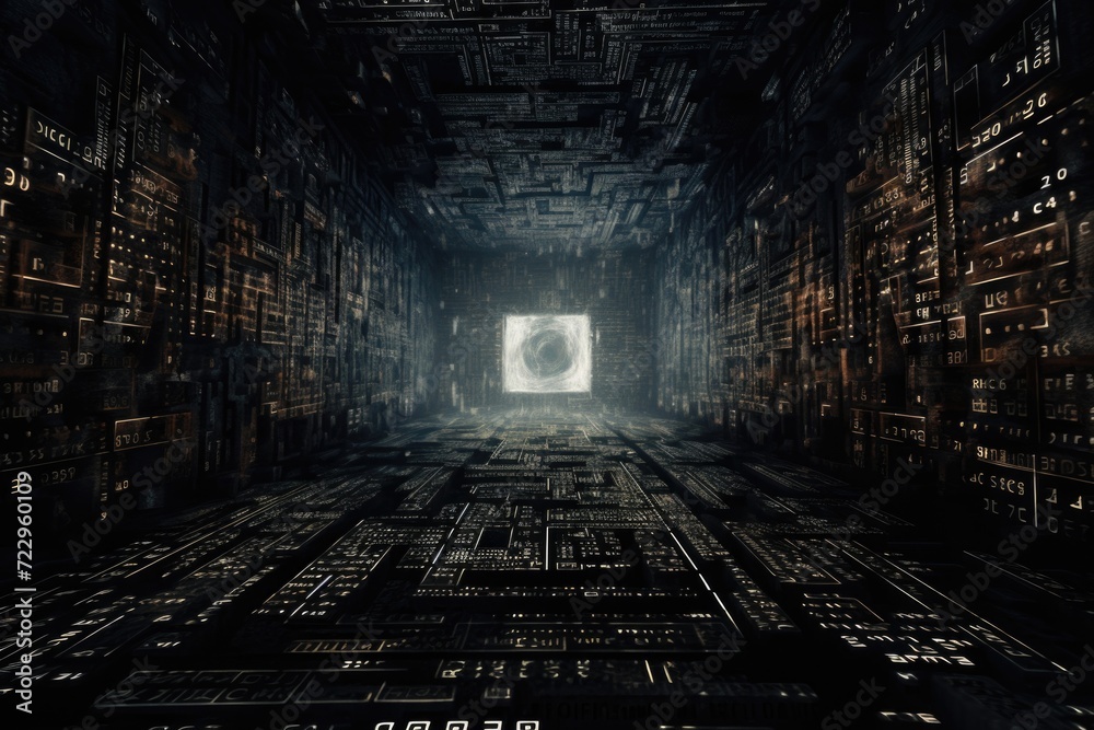 Poster a dark room filled with numerous books on shelves. suitable for educational and library concepts