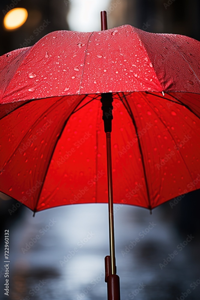 Poster a red umbrella with water droplets on it. ideal for rainy day illustrations and weather-related proj