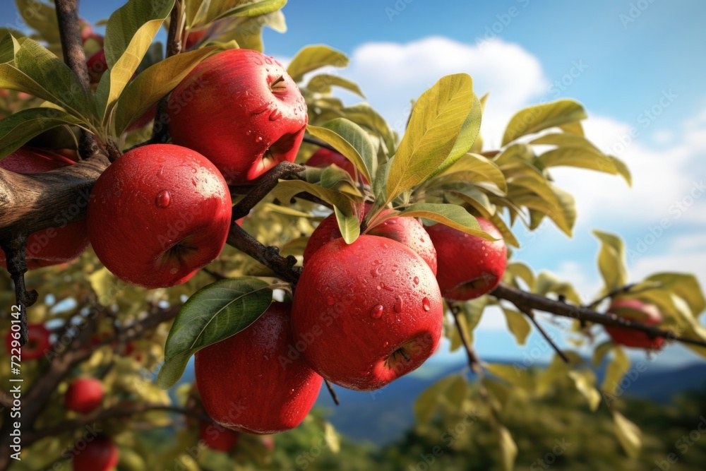 Poster a bunch of red apples hanging from a tree. perfect for food and agriculture related projects