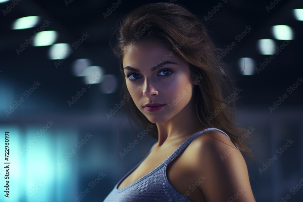 Poster a woman is posing for a picture in a tank top. this image can be used for various purposes