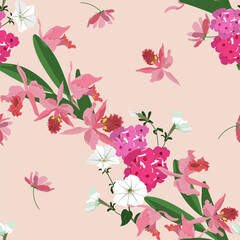 Seamless summer background with phlox and orchids