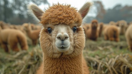 Obraz premium Fluffy Alpacas, Delightful shot of fluffy alpacas with expressive eyes, radiating charm and gentleness.