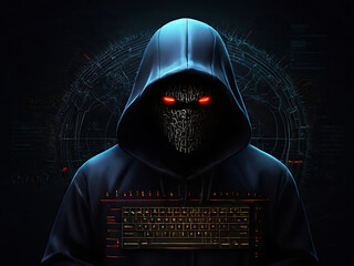 Computer hacker in mask and hoodie ,hacker face in hoodie ,hacker in a Vendetta mask ,Concept of hacking cybersecurity, cybercrime, cyberattack