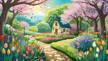 spring landscape with flowers and house, art design - obrazy, fototapety, plakaty