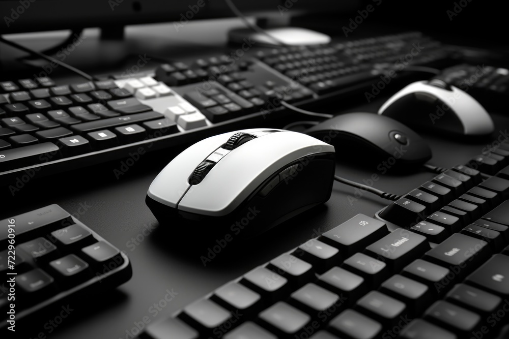 Leinwandbilder a black and white photo of a computer keyboard and mouse. suitable for technology-related projects