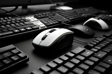 A black and white photo of a computer keyboard and mouse. Suitable for technology-related projects