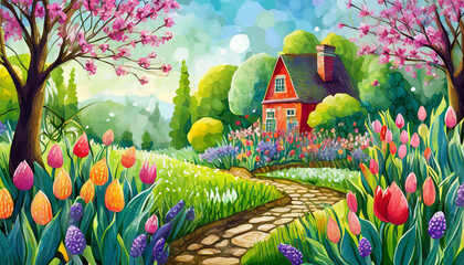 spring in the park with house  art design