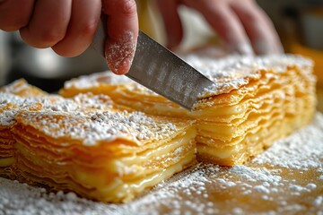 Close-up shot of a chef's knife slicing through the layers of a mille-feuille pastry. Culinary details, chef's knife, mille-feuille pastry, close-up.