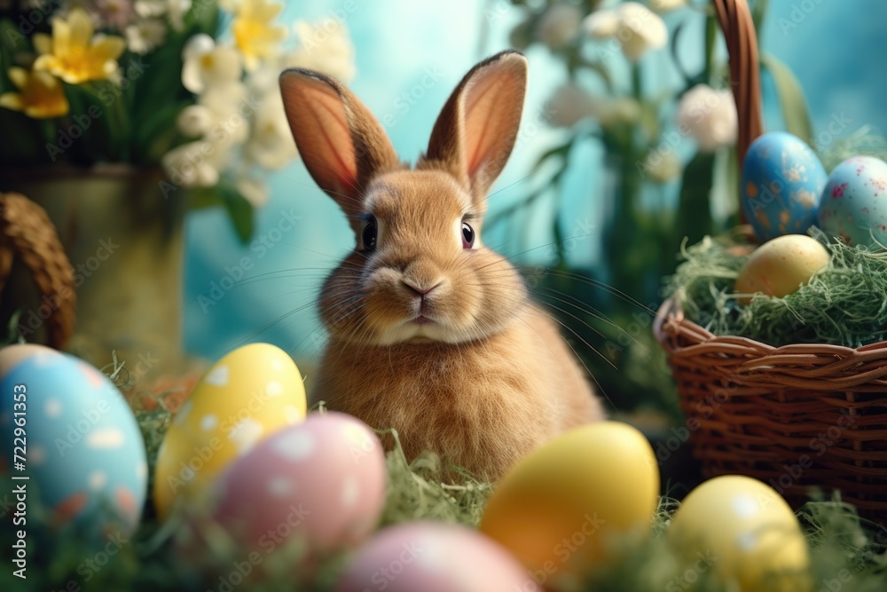 Poster a cute rabbit sitting in the grass next to a basket of colorful eggs. perfect for easter and spring-