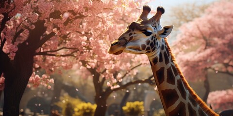 A giraffe standing next to a tree with pink flowers. This picture can be used to showcase wildlife or nature in a vibrant setting