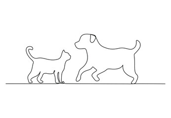 Single continuous line drawing of dog and cat vector illustration. Free vector