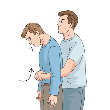 Abdominal thrusts first-aid procedure Heimlich maneuver diagram hand drawn schematic raster illustration. Medical science educational illustration