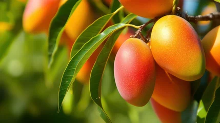 Fotobehang Organic ripe indian mangoes on trees, Exotic tropical summer season Himshagor Alphonso mangoes © Mohammad
