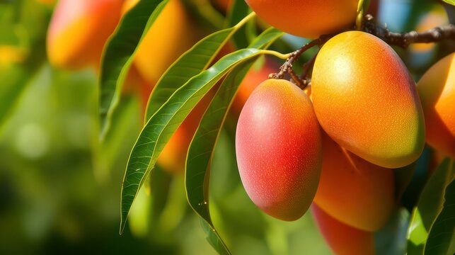 Organic ripe indian mangoes on trees, Exotic tropical summer season Himshagor Alphonso mangoes