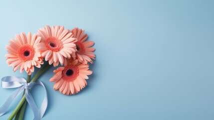 Bouquet of pink gerbera daisies tied with a light blue ribbon on a light blue background. Valentine's, Mother's, Women's Day concept. Anniversary, spring, birthday copy space