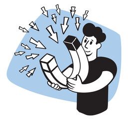 Website promotion specialists promote products and services on the Internet and get leads, users and coients. SEO. Ironic Illustration on a business theme.