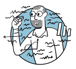 A business analyst solves a problem on a transparent flip-chart. A worker writes with a marker on a marker board. Business illustration on business problem solving.