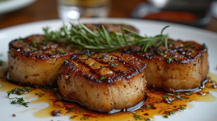 Perfectly cooked steak on a plate, emphasizing the beauty of culinary classics. Classic dish, perfectly cooked steak.
