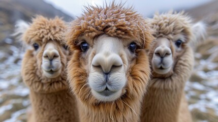 Obraz premium Fluffy Alpacas, Delightful shot of fluffy alpacas with expressive eyes, radiating charm and gentleness.