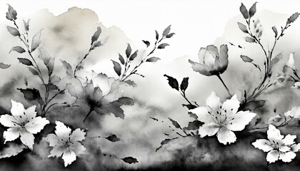 black and white background with leaves and flowers