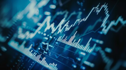 Fototapeta premium A picture of an area with lots of financial charts, in light blue and navy style, financial charts showing what is happening in the business, statistics on the chart screen of business and financial a