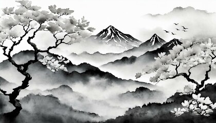 black and white background with lanscape trees and mountains