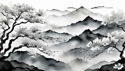black and white background with lanscape trees and mountains