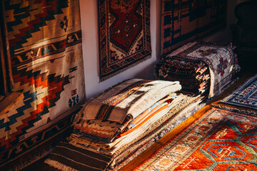 Traditional turkish carpets on sale in a store in Kas, Turkey. - obrazy, fototapety, plakaty