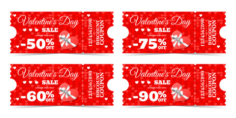 Set of Valentine's Day red vintage discount vouchers with heart shaped gift box - obrazy, fototapety, plakaty