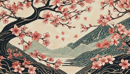 cherry blossom in the spring with mountains and trees
