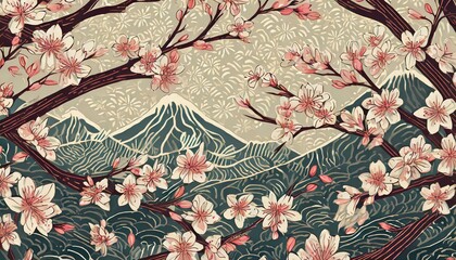cherry blossom in the spring with mountains and trees