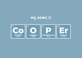 Vector inscription name COOPER composed of individual elements of the periodic table. Text: My name is. Purple background