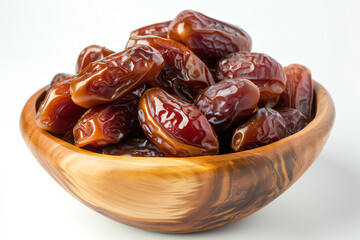 dry fruits set with dates on a wooden platter and box