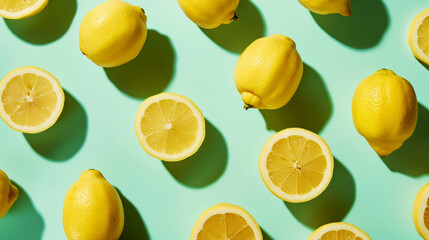 Trendy bright lemon pattern. Pastel green background. Minimalist summer food concept. Generative AI - obrazy, fototapety, plakaty