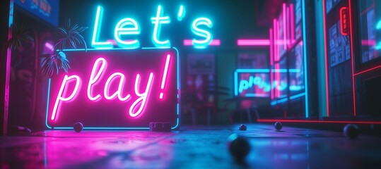 Let's Play Colorful Neon Lettering Cyberpunk Style. Banner illustration for gamers and streamers. - obrazy, fototapety, plakaty