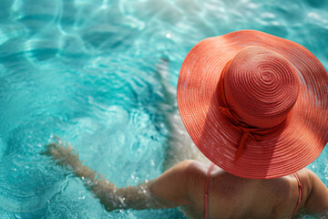 A fashion-forward woman in a vibrant red sun hat takes a refreshing dip in the pool, exuding confidence and style at the leisure centre