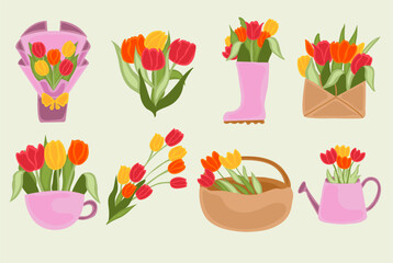 Set with tulips flowers. Spring plants. Spring flower. Red, yellow, orange. For design of postcards, patterns, etc